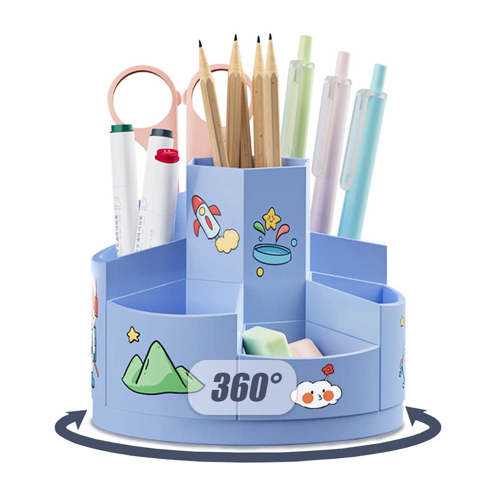 Kaizuca Blue 360° Rotatable Rotating Pen Caddy, Creative Pen Pot, Desktop Stationary Organizer, With 2 Piece Cartoon Stickers, With 7 Compartments And Anti Slip Mat, For Office Storage (Blue)