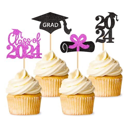 Ercadio Paquete de 48 adornos para cupcakes de graduación 2024, color morado y dorado, con purpurina, para diploma clase de 2024, para decoración de pasteles, fiesta temática de graduación 2024,