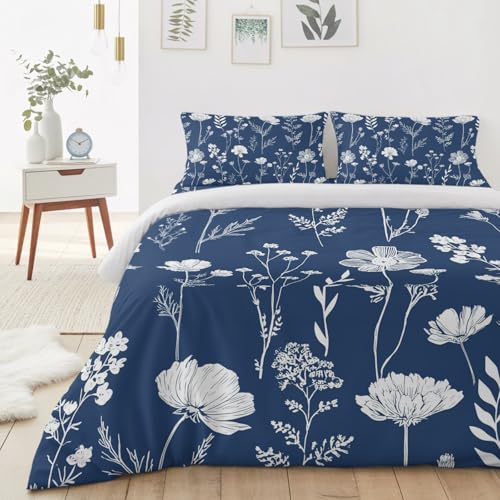 Duvet Cover Set California king Size, Watercolor White Floral Wild Herbs Comforter Cover 4 Pieces Bedding Sets, Blossom Flower on Navy Blue Bed Set Include 1 Duvet Cover, 2 Pillow Shams, 1 Bed Sheet by JQZDFBGN - Used condition - Image 3
