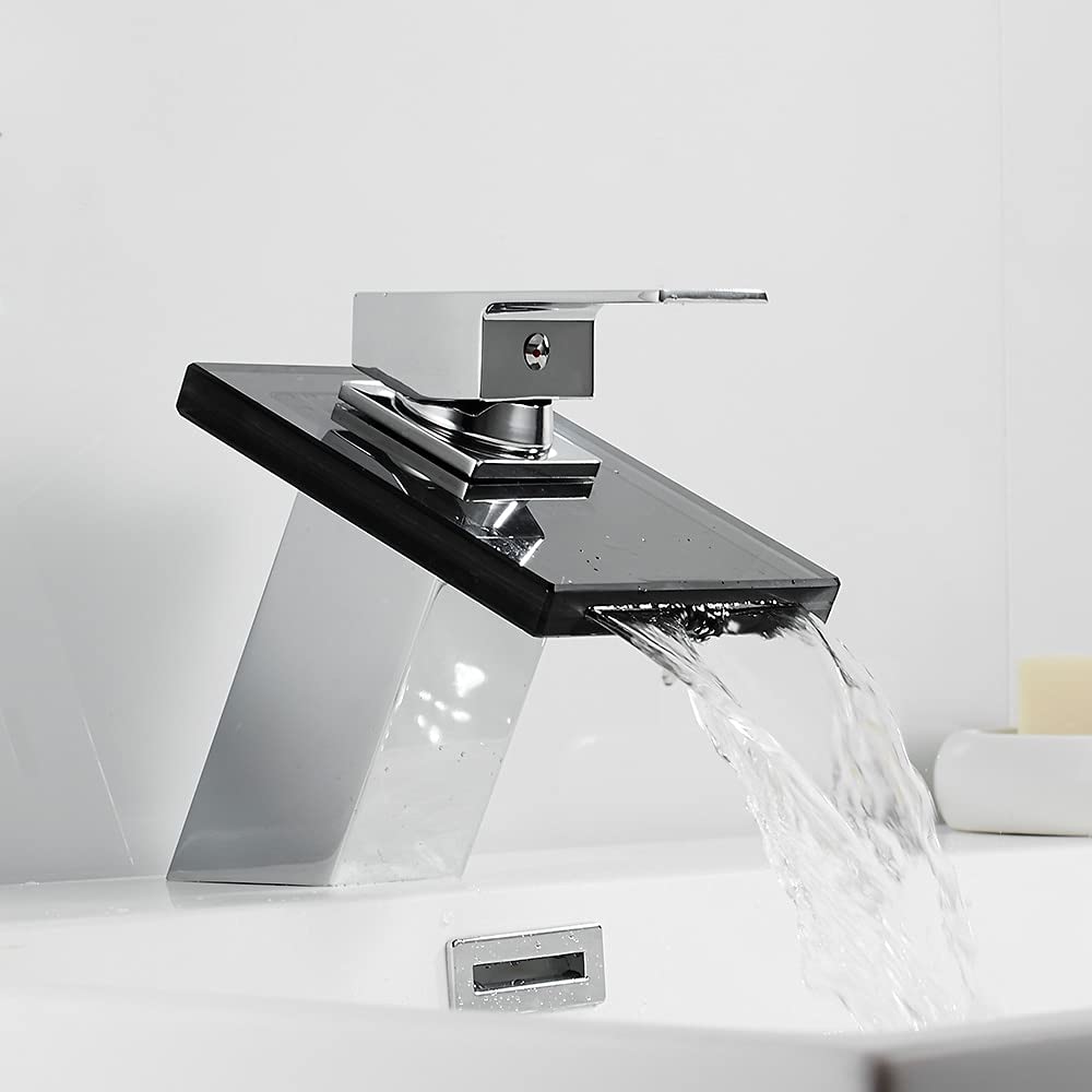 ZQFHSX Brass Waterfall Faucet - Basin Mixer Tap for Bathroom & Kitchen Deck Mounted Glass Sink Stylish Faucets (Color: B Size: with Hose)