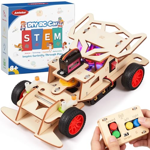 Amteker DIY Remote Control Car Building Kit for Kids Age 8-12 Wooden Engineering Science Toy for 8 Year Old Boy Back to School Gifts Rc Drift Car with Self-Centering Steering Build & Race Boys Gifts
