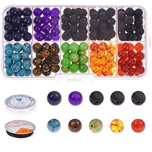 Cuentas de piedra de jaspe sueltas redondas de 8 mm y 7 chakras para kits de fabricación de joyas, kits de caja de cuentas de piedras preciosas de lava negra (paquete de 200 piezas)