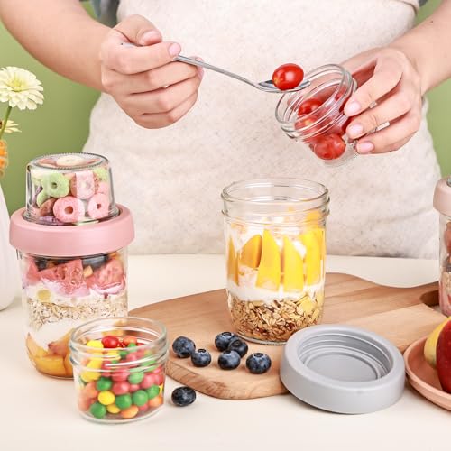 Image of Wells 6 Pack Overnight Oats Containers with Lids, 16 OZ Dual Layer Yogurt Containers with Dry and Wet Separation, Airtight Leak Proof Oatmeal Jar for Chia Pudding, Breakfast, Cereal