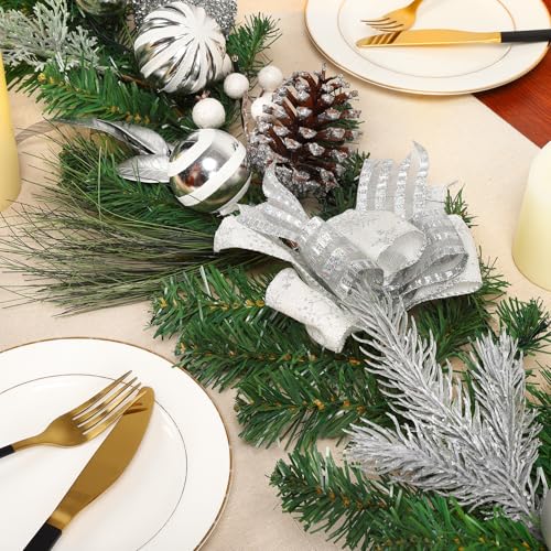 Adeeing 6FT Christmas Garland with Lights, Xmas Battery Operated Artificial Rattan with Classic Silver Decorations, Xmas Garland for Home Indoor Fireplace Mantle Outdoor Decor, Silver