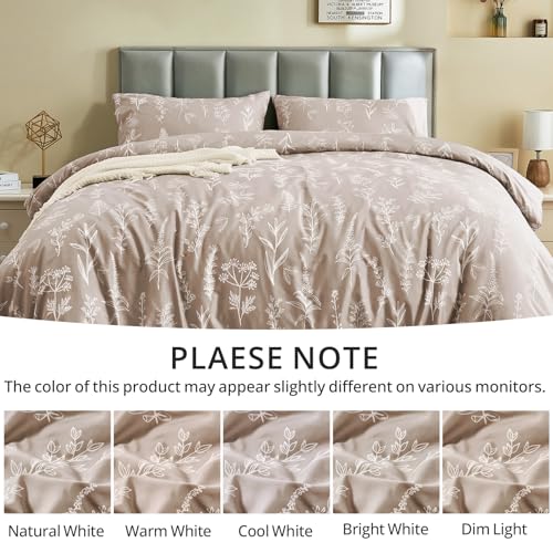 MUXHOMO Duvet Cover Full Size, Reversible Floral Taupe Duvet Cover Set with Zipper Closure, 3 Pieces Botanical Patterns Soft Microfiber Bedding Set with 4 Ties (80"x90", 2 Pillow Cases)