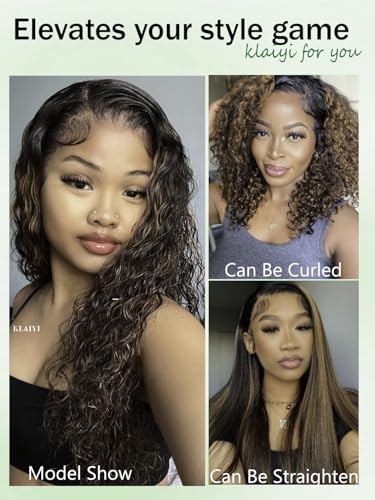 Image of KLAIYI Ombre Brown Water Wave Bye Bye Knots Glueless Wig Human Hair Pre Cut 7x5 Lace Front Wigs Drawstring Pre Plucked Bleached Highlight Balayage Curly Ready to Wear and Go Wig with Dark Roots 26Inch