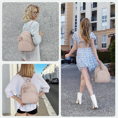 Image of ECOSUSI Mini Backpack for Women Leather Small Backpack Purse for Ladies | Stylish Shoulder Bag with Cute Pom and Tassel Decoration, Bookbag for Travel Daily Outings, Khaki