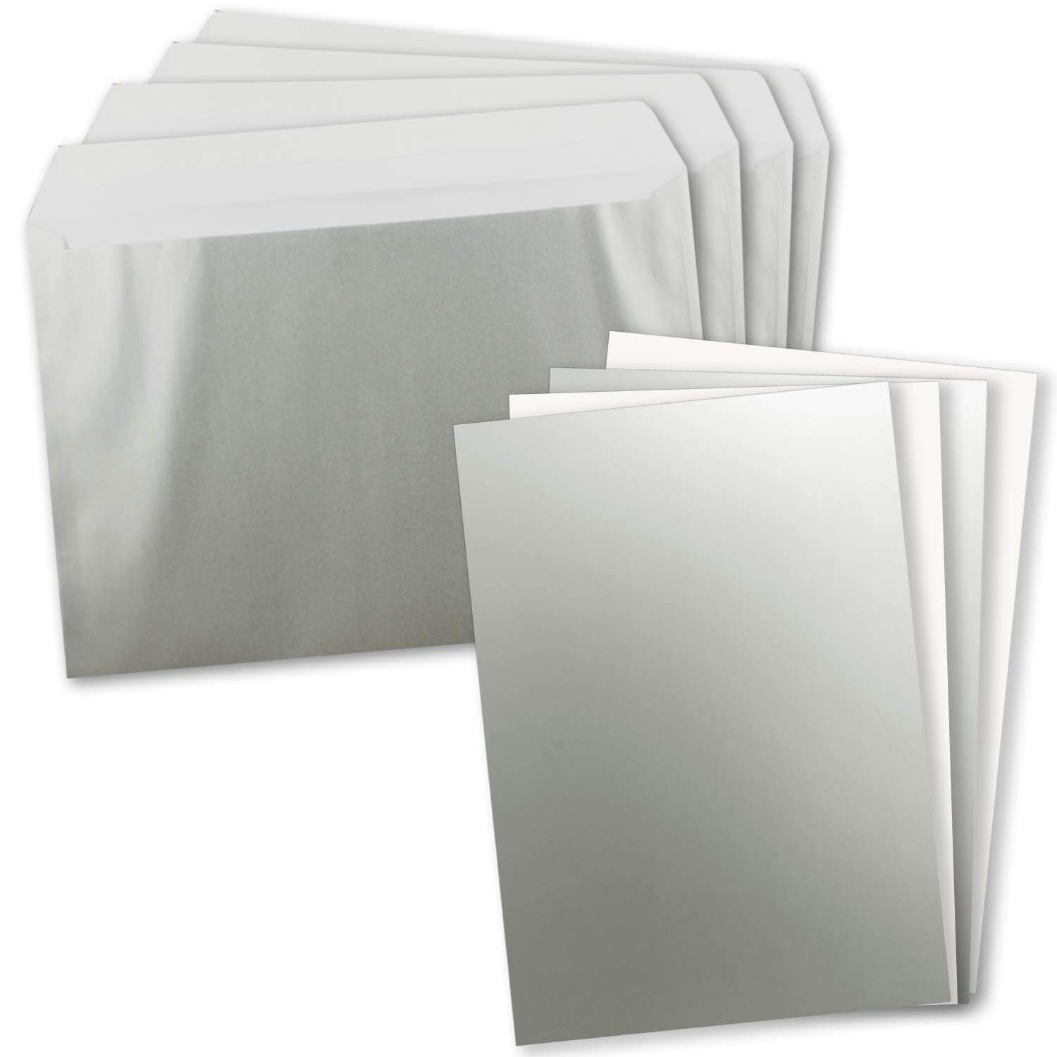 Zestaw 75 x XXL pojedynczych kartek w formacie DIN A4 (21 x 29,7 cm) wraz z kopertami w formacie DIN C4 - metaliczny srebrny - koperta z zaklejaniem - nadaje się do wysyłki kartek z życzeniami, dokumentów i bonów
