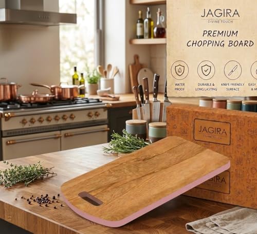 Image of JAGIRA Divine Touch Bamboo Wooden Chopping Board with Wood Handle, Multipurpose Cutting Board for Vegetables, Fruits & Cheese, Kitchen Use, BPA Free