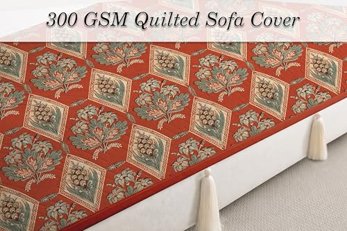 Image of Cloth Fusion 300 GSM Quilted Jaipuri Theme Printed 4 Seater Sofa Cover Mat-Style Fully Covered with Armrest Pockets, Adjustable Straps & Lock Fit (220 cm Seat Run, Diamond Trellis)