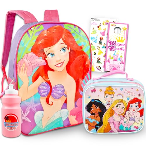 Disney The Little Mermaid Backpack with Lunch Box Set - Disney Princess Backpack for Girls Bundle with Princess Lunch Bag, Stickers, More | Little Mermaid School Supplies