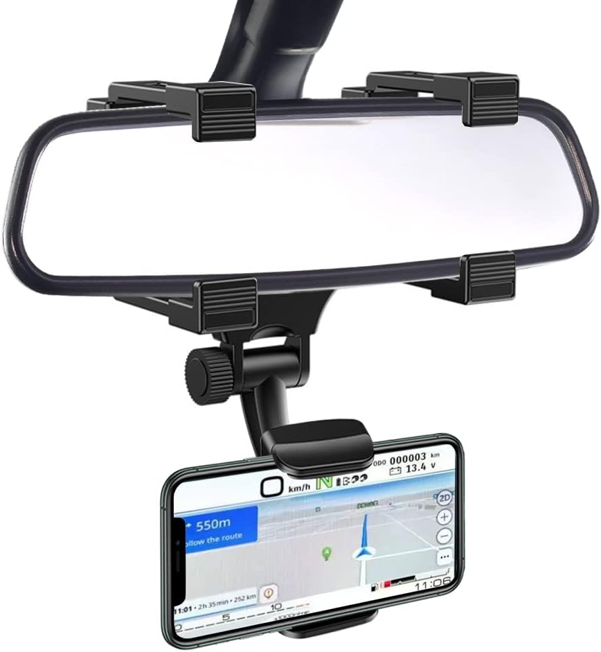 VAGURFO Rear View Mirror Car Mount Phone Holder Stand with 270° Swivel and Adjustable Clips (Black)
