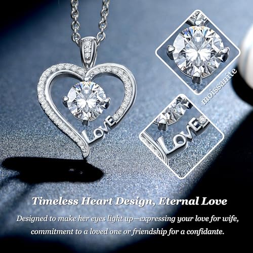 Moissanite Heart Necklaces for Women, Gifts for Wife, 1-3 Carat Moissanite 925 Sterling Silver Love Jewelry, Birthday Wedding Anniversary Christmas Valentines Engagements Gifts for Wife Women Her Girlfriend Mom3