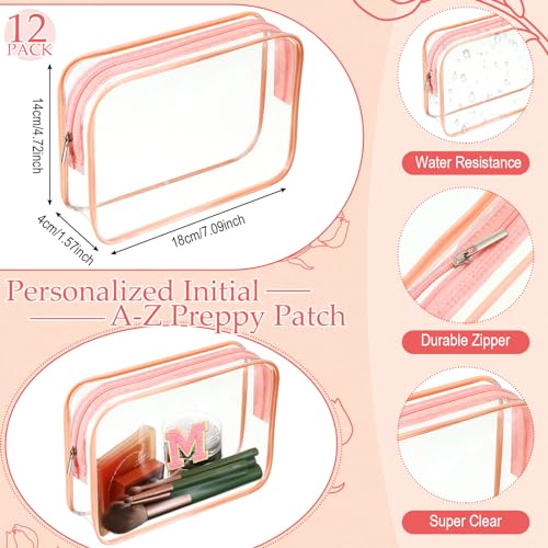 12 Personalized Initial A-z Preppy Patch Clear Makeup Bag Initial Letter Beach Travel Toiletry Cosmetic PVC Bag DIY Chenille Sew Letter Patches End of the Year Gifts(Pink, Pink Letters)3