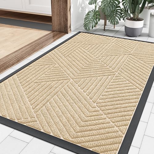 Smiry Front Door Mat Outside Entrance, Heavy Duty Sturdy Natural Rubber Doormat, Trap Dirt and Moisture, Easy Clean Low Profile Welcome Floor Mats for Indoor Outdoor Entry, 36x24 Inch, Beige