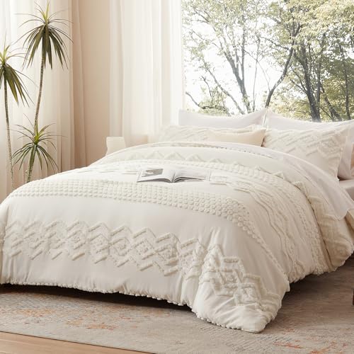 Image of Luxudecor Boho Tufted Comforter Set Queen Size 3 Pieces Ivory White Shabby Chic Comforter Farmhouse Embroidery Bedding Set Soft Comforter for All Seasons (Ivory White, 90''x90'')