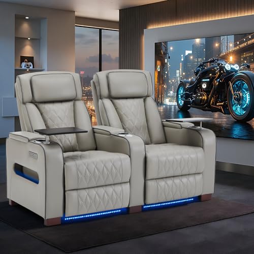 Image of Luxury Home Theater Seating - Power Recliner with Adjustable Headrests, Blue LED Ambient Lighting, Tray Table, USB & Type-C Charging (Grey,2 Seat)