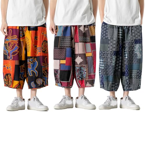 GURUNVANI Mens Patchwork Wide Leg Pants Elastic Waist Harlem Capri Pants Loose Beach Trouser3