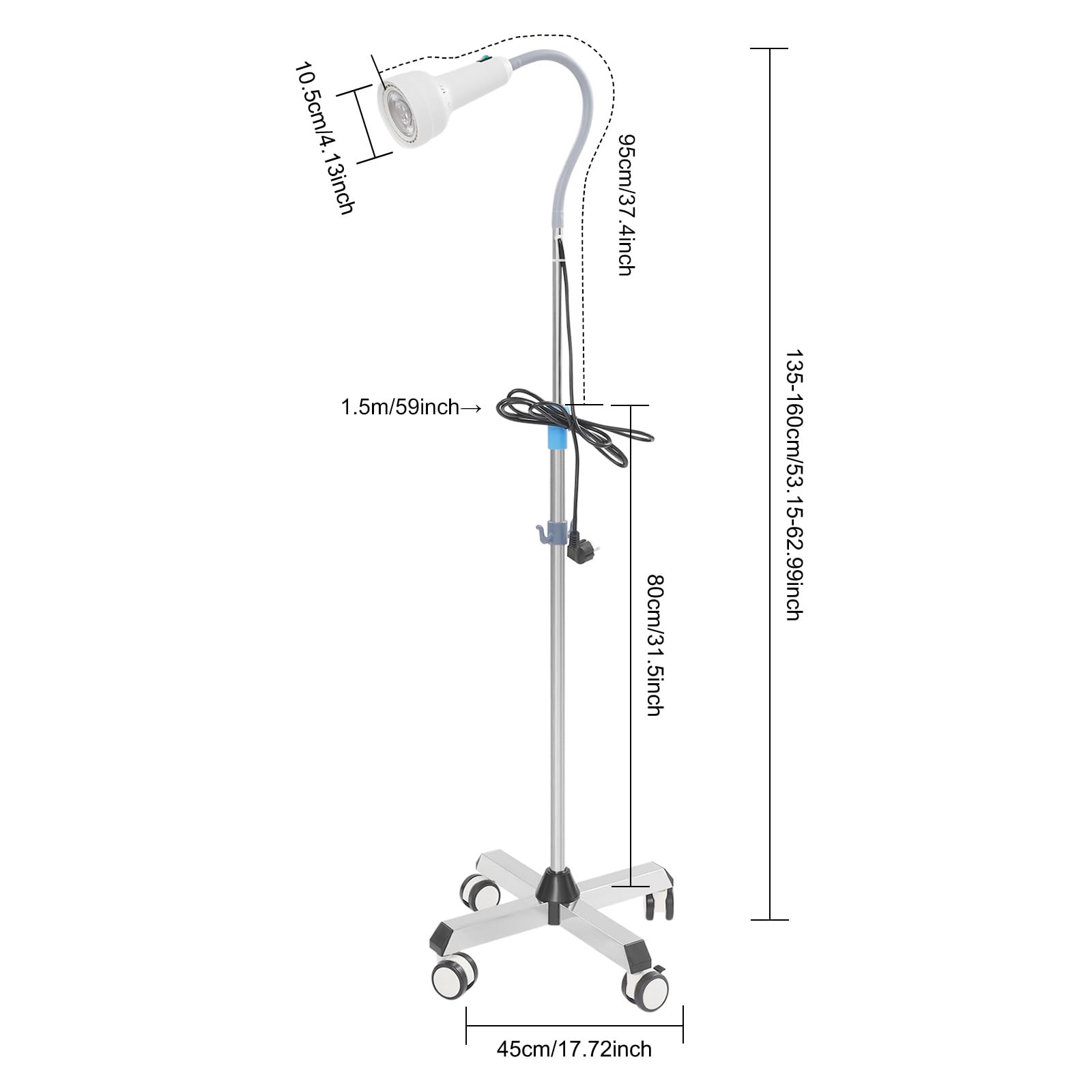 Lampada da studio mobile, altezza regolabile, lampada da terra Dental Mobile LED con 4 ruote universali, 2 con freni, girevole a 360°, ambulanza, ginecologia, saloni di bellezza