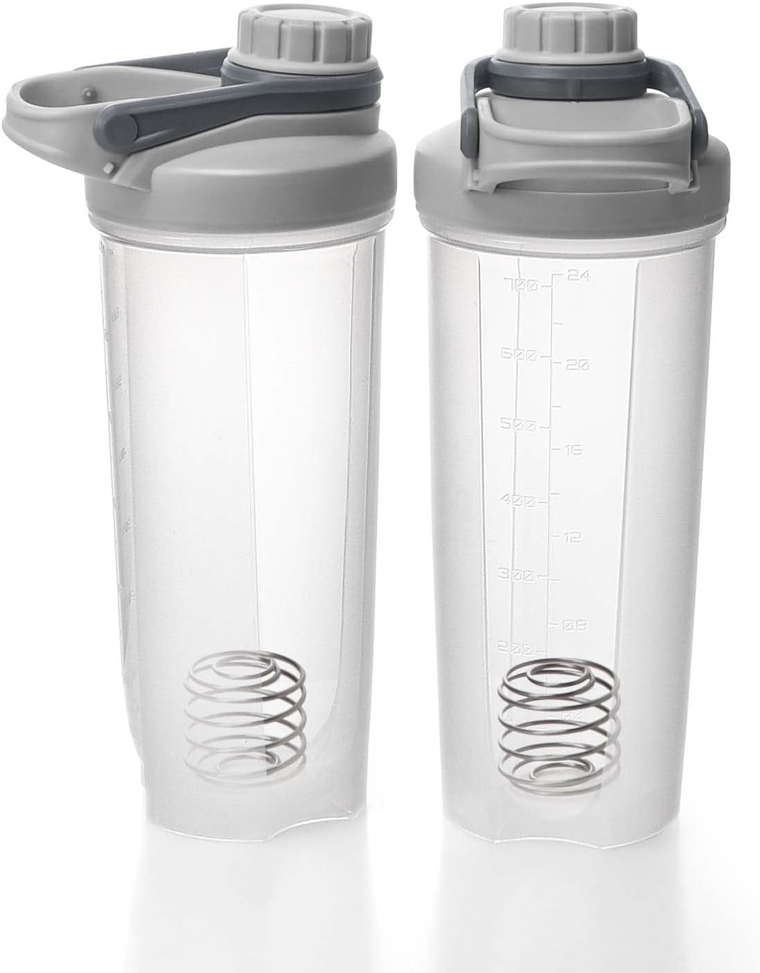 EYMPEU 2 Pack Shaker Bottles for Protein Mixes BPA & Phthalate-free, Solid Screw lid Leakproof Shaker Cup Dishwasher Safe for Protein Shakes 24oz, Clear Grey