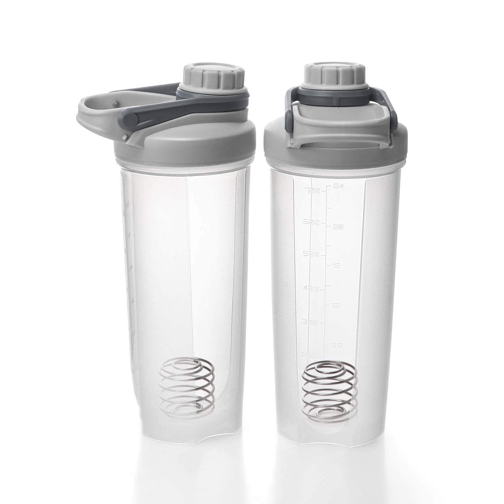 EYMPEU 2 Pack Shaker Bottles for Protein Mixes BPA & Phthalate-free, Solid Screw lid Leakproof Shaker Cup Dishwasher Safe for Protein Shakes 24oz, Clear Grey