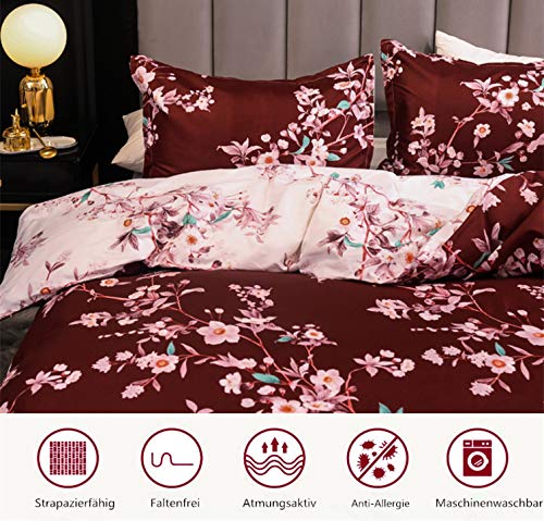 Boqingzhu Bettwäsche 220x240cm King Size Blumen Rosa Rot Weiß Wende Bettwäsche Set Microfaser 1 Bettbezug und 2 Kissenbezüge 80x80cm mit Reißverschluss