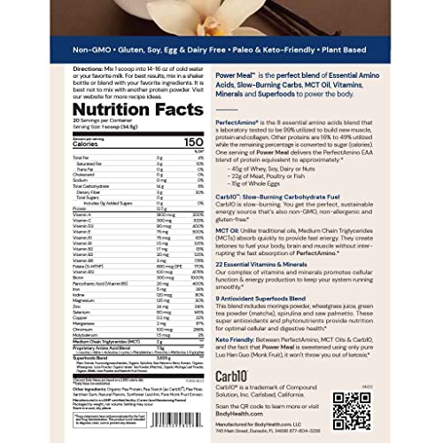 BodyHealth PerfectAmino Power Meal (Natural Vanilla Flavor) Vegan Meal Replacement Shake, Non Dairy Protein Powder, Plant Based Meal Replacement, Organic Meal Replacement, 20 Servings, 12.5g Protein - Image 3