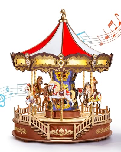 Rolife Wooden 3D Puzzles for Adults DIY Carousel Music Box with Chaser Lights 11.6 Model Building Kit Construction Project Craft Kits for Adults Hobby Home Decor Chiristmas Gifts for Boys Girls