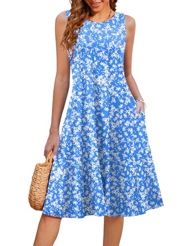 Image of HOTOUCH Summer Casual Dresses for Women Sleeveless Midi Dress Swing Tank Sundress Pleated Tshirt Dress with Pockets