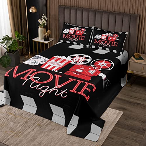 Retro Movie Night 3 Piece King Bedspread,Cinema Ticket Projector Print Quilt Set for Children Adult Bedroom Gift,Film Filmstrip Themed Quilt Set with 2 Pillowcases, Soft Polyester Quilted