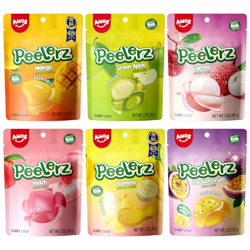 AMOS Peelerz Peelable Gummy Candy Variety Pack, Mango White Peach Banana Green Apple Passion Fruit...