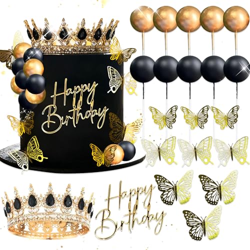 corona negra como decoración de pastel corona con esferas brillantes placa de mariposa brillante para cumpleaños o baby shower