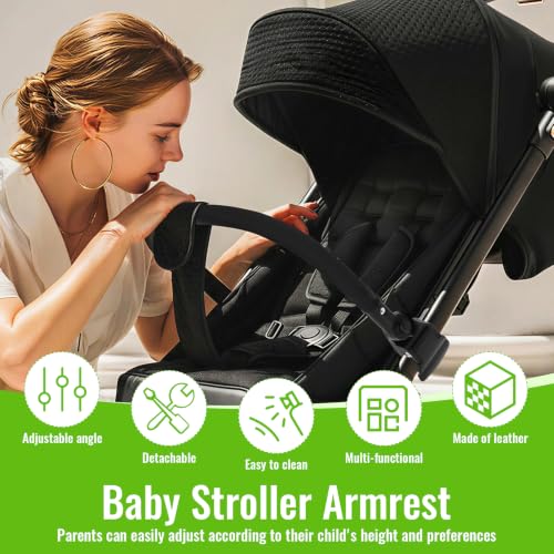 Image of Stroller Bumper Bar Angle Adjustable Armrest Stroller Handle Stroller Bar Removable Stroller Crossbar for Yoyo, Compatible with Yoyo 2, for Yoyo+, Black PU Leather