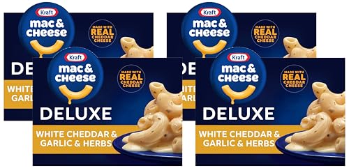 Kraft Deluxe Mac and Cheese, 1 Box, for Easy Dinner or Dinner Sides, White Cheddar and Garlic and Herbs, No Artificial Flavors or Dyes, 11.9 oz (Pack of 4)