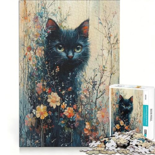 Rompecabezas de 1000 piezas para adultos de gato negro y flores, reto familiar de 38x52 cm