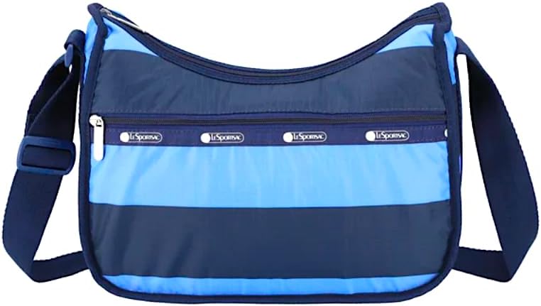 LeSportsac Classic Rugby Periwinkle Classic Hobo Crossbody Bag + Cosmetic Bag, Style 7520/Color E758, Timeless Navy Blue & Modern Periwinkle Stripes Unite, Bold Modern Nautical Inspired Theme