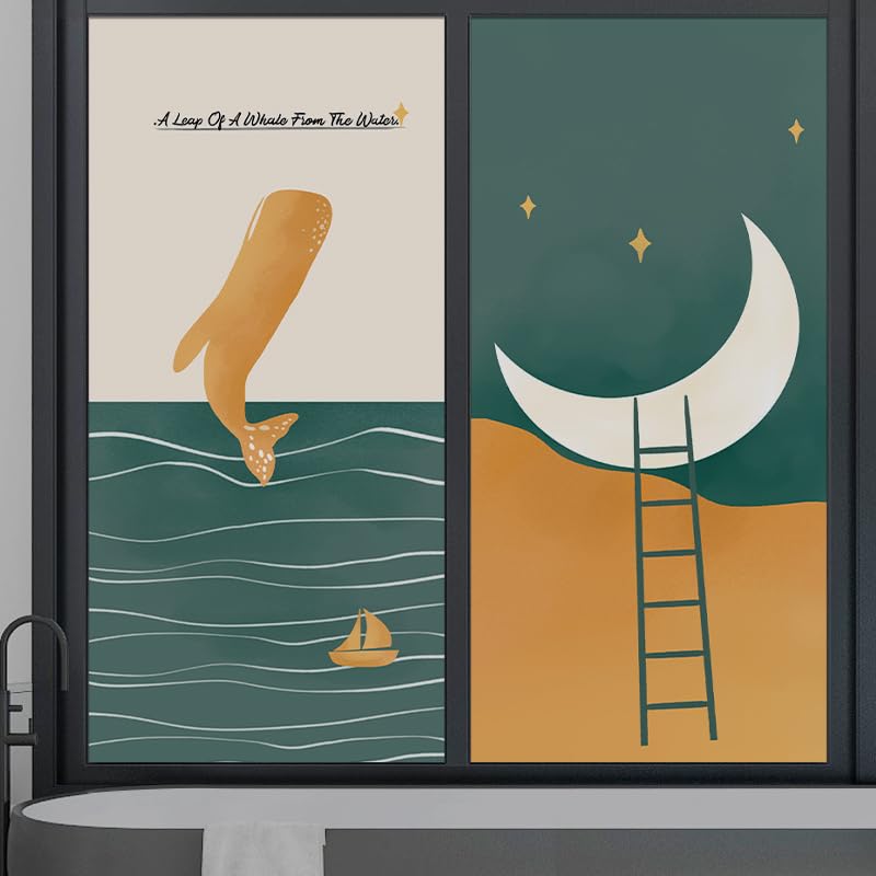 Fensterfolie Orange Dolphin Mond Milchglasfolie Fensterfolie Milchglas Selbstklebend Fensterfolie Sichtschutz Blickdicht Fenster Sichtschutzfolie Folie für Fenster Fensterfolie Bad 50x200cm/2 Pcs