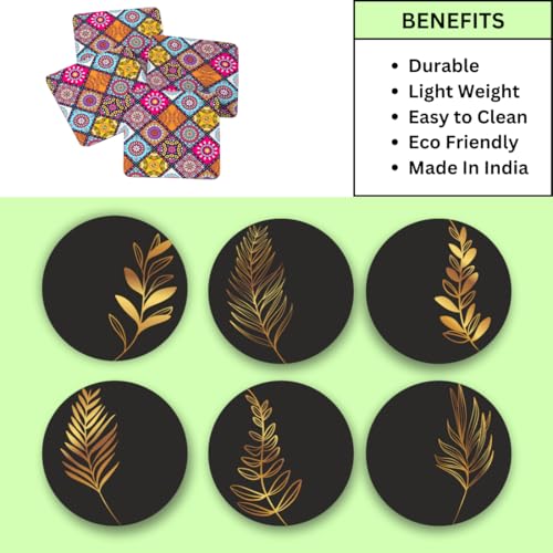 Image of Zesta Coasters for Cups Set of 6 / Wooden Coasters for Bar Accessories for Home /Tea Coaster Set of 6 / Waterproof Dining Table Decor Glass Cover (Black Abstract, Circle)