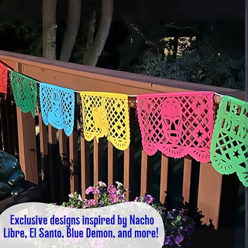 Mexican Party Banners with Lucha Libre-inspired images, Papel Picado (Plastic, 16-ft), Fiesta Party Decorations for Birthdays, Taco Tuesday, BBQs, or Wrestling Events