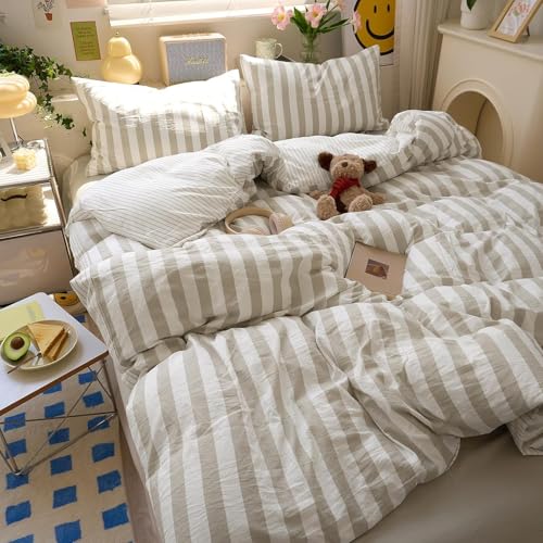 Image of Striped Duvet Cover Queen Size Khaki White Stripes Reversible Bedding Set Vertical Striped Duvet Cover Set Soft Lightweight Microfiber Quilt Cover with Zipper Closure and 2 Pillowcases