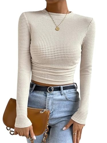 Haibang Maglia Donna Manica Lunga Maglietta Elegante in Waffle Slim Fit T-Shirt Sexy Basic Top Casual Crop Top Girocollo Camicetta Pullover Autunno Inverno Moda Y2K Streetwear