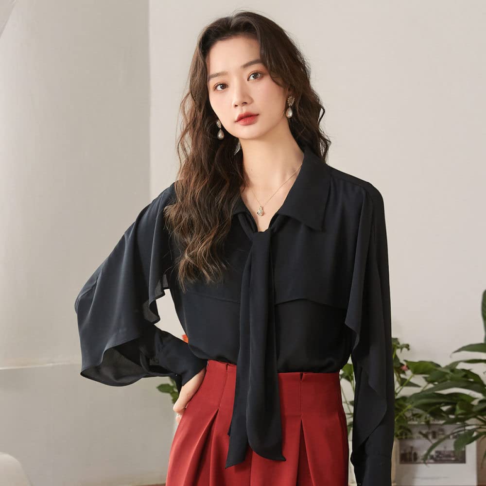 Langarmshirt Damen,Damen-Chiffon-Hemd Schwarz Einfarbig Revers Schleife Rüschen-Design Büro Business-Bluse Langarm-Pullover Blusen Lässige Tunika-Oberteile