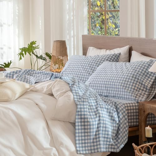 MooMee Gingham Sheet Set 100% Washed Cotton Linen Like Textured Breathable Soft w/Fully Elasticized 16-19 Deep Pocket (Classic Gingham Cornflower Blue Queen)