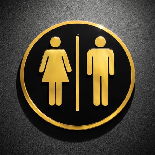 Image of Men & Women Round Acrylic Signage Sticker - Self Adhesive Black Gold Restroom Sign for Office, Cafe, Hotel, Restaurant & Commercial Spaces - Waterproof Premium Label