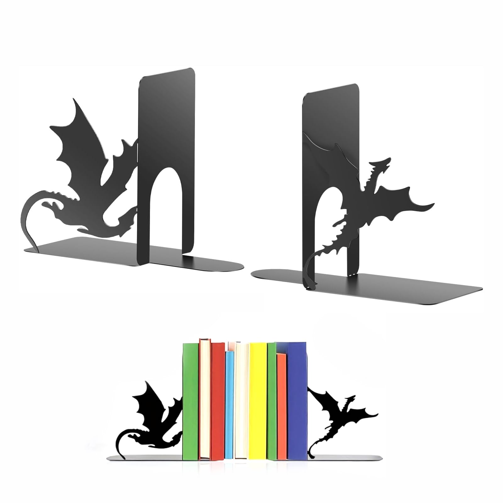 2Pcs Dragon Book Ends for Shelves, Metal Bookends for Heavy Books, Fantasy Dragon Book Stoppers for Home, Office, Library Bookshelf Decor, Fourth Wing Merch Gifts for Dragon Lovers, Books Lovers