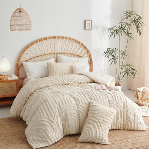 Image of Boho Tufted Comforter Queen Size Beige Geometric Tufted Comforter Set Bohemian Arch Tufted Bed Set 3 Pieces Shabby Chic Embroidery Soft Jacquard Bedding for All Seasons with 2 Pillowshams