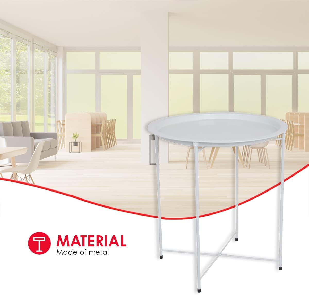 Home Basics , Matte White Foldable Round Multi-Purpose Metal Side Accent, Coffee, End Table for Bedroom, Living Room