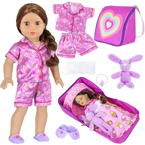 Ecore Fun 8 Pcs 18 Inch Doll Bedding Pajamas & Accessories Set