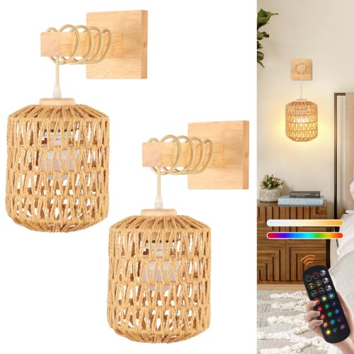 Image of Wood Wall Sconce Battery Operated Set of 2, Boho Rechargeable Rattan Wall Light with Remote Control, Farmhouse Dimmable Wireless Rustic Wall Lamp Indoor for Bedroom Living Room hallways Foyer