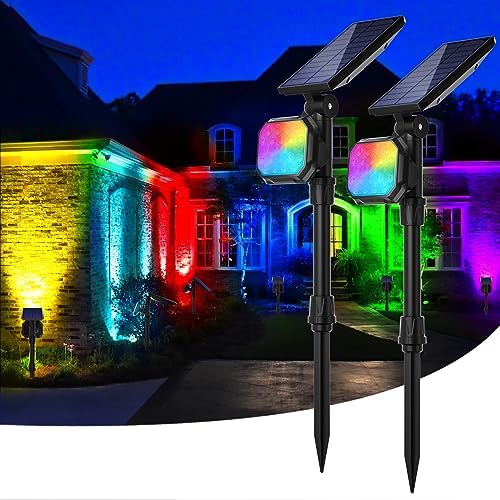 JSOT Solar Lights Outdoor Waterproof, Color Changing Solar Spot Lights, Solar Powered Spotlight Landscape Lighting for Tree Garden Yard Backyard Pathway Driveway House Christmas Decorations, 2 Pack